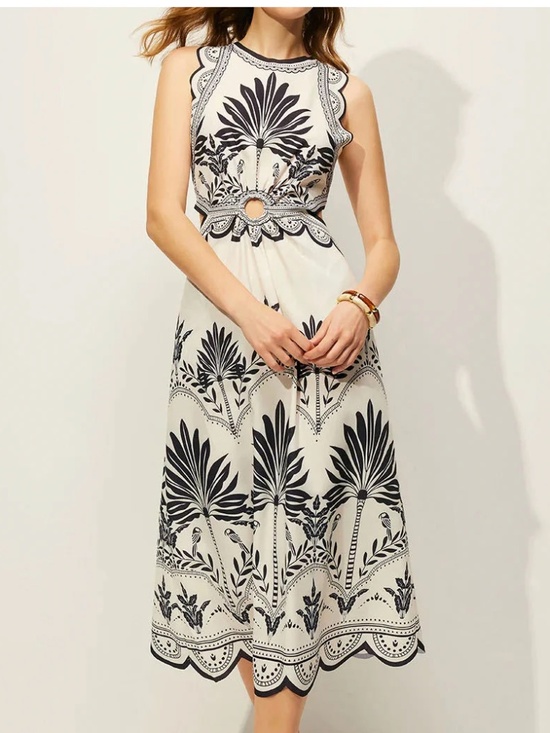 Commense Dresses & Skirts - Commense Palm Print cut out cream midi dress - Size Medium